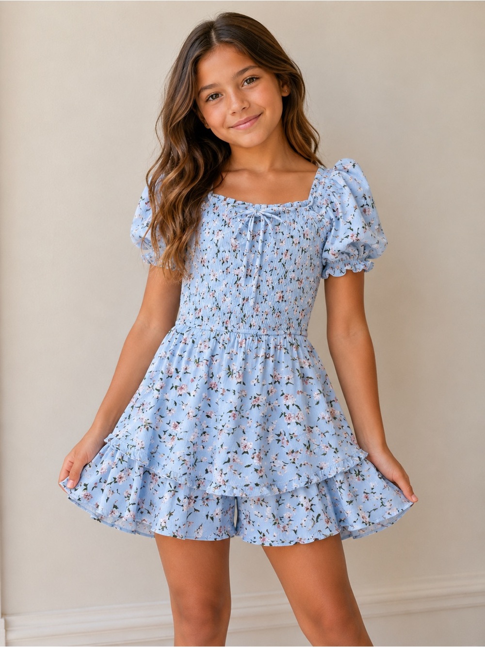 Girls Medium altar’d state Blue Floral Romper Puff Sleeve Smocked Boho